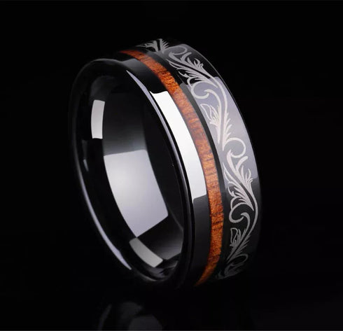Men 8mm Tungsten Ring Koa Wood Inlay with Laser Pattern Comfort-Fit Wedding Band
